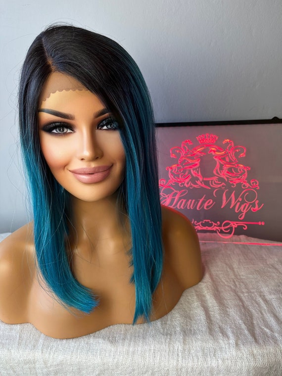 Ombre Turquoise Teal Dark Sea Aqua Blue Green Wig Side Part  display picture 2
