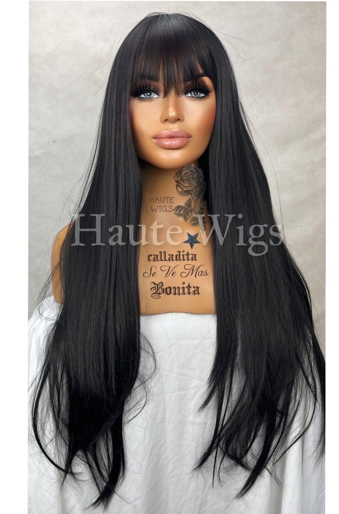 Bonita 24 Inch Darkest Black Straight Fringe Bangs Wig Streaks Gift