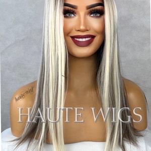 24 Inch Long Sexy Platinum Blonde Highlights Wig Brown Lowlights Womens Hair Lace front Layered Christina Aguilera Dirrty inspired Gift