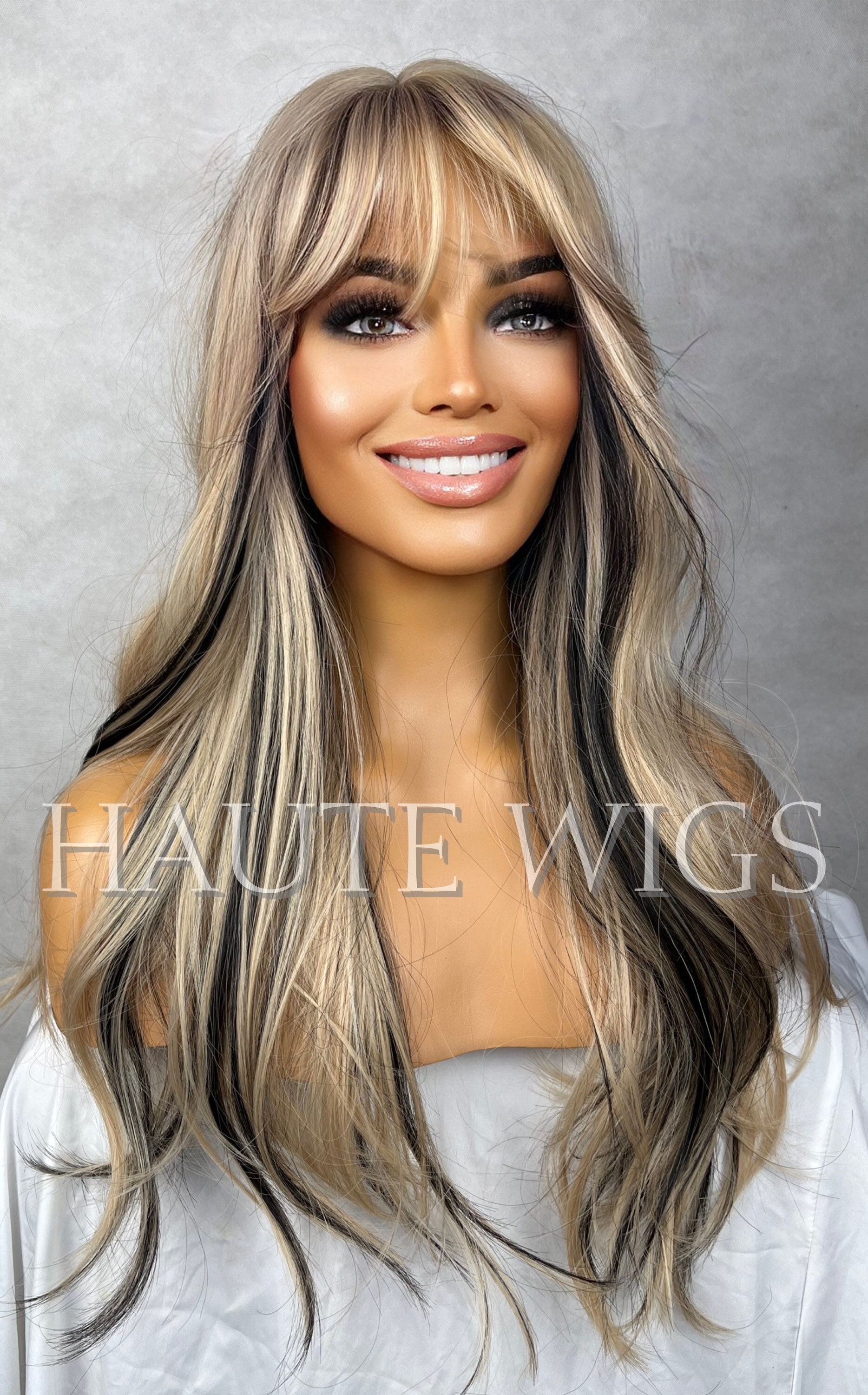 24 Inch Long Sexy Blonde Wig W. Black Highlights Lowlights - Etsy Norway