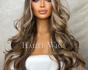 Free Part BROWN Brunette Wig With blonde Highlights Lowlights Streaks Long Straight Womens Wig Human Hair Blends Lace Front Realistic