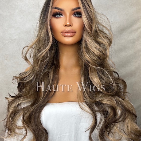 Free Part BROWN Brunette Wig With blonde Highlights Lowlights Streaks Long Straight Womens Wig Human Hair Blends Lace Front Realistic