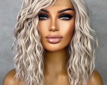 Striking - Wavy 14 inch BOB Platinum White Silver Ash Blonde Wig Side Parting Womens HD Lace Front Realistic Human Hair Blend Ladies Gift