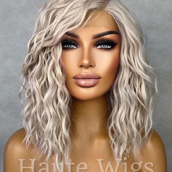 Striking - Wavy 14 inch BOB Platinum White Silver Ash Blonde Wig Side Parting Womens HD Lace Front Realistic Human Hair Blend Ladies Gift