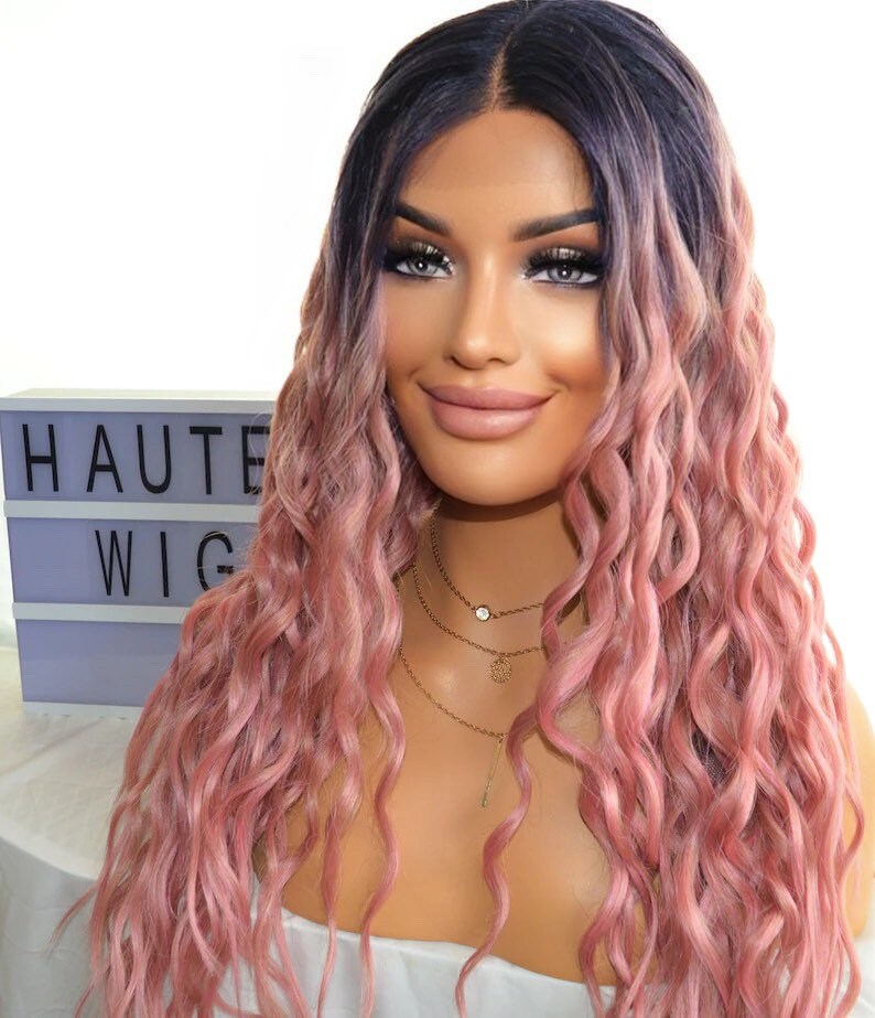 30 Inch Long Wavy Curly Rose Gold Pink Indigo Roots Ombre Wig - Etsy