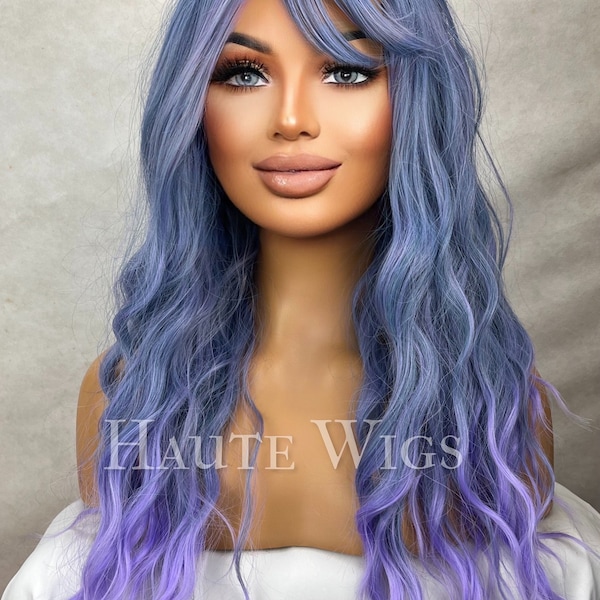 No Side Chick - Blue Lilac Light Purple Ends Wig Long With Bangs Wavy No Lace Front Everyday Haute Wigs Gift for her Ladies Womens Wigs