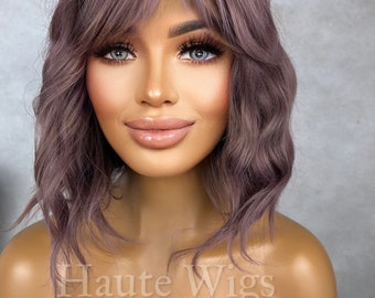 Rose Gold - Lilac Purple Violet Wig W Bangs Fringe Short Pixie BOB Wavy NO Lace Front Wigs Gift For Her Dark Roots Ladies Womens play