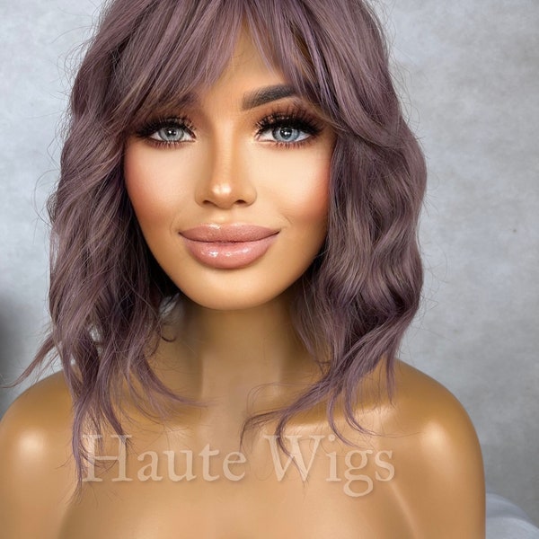 Rose Gold - Lilac Purple Violet Wig W Bangs Fringe Short Pixie BOB Wavy NO Lace Front Wigs Gift For Her Dark Roots Ladies Womens play