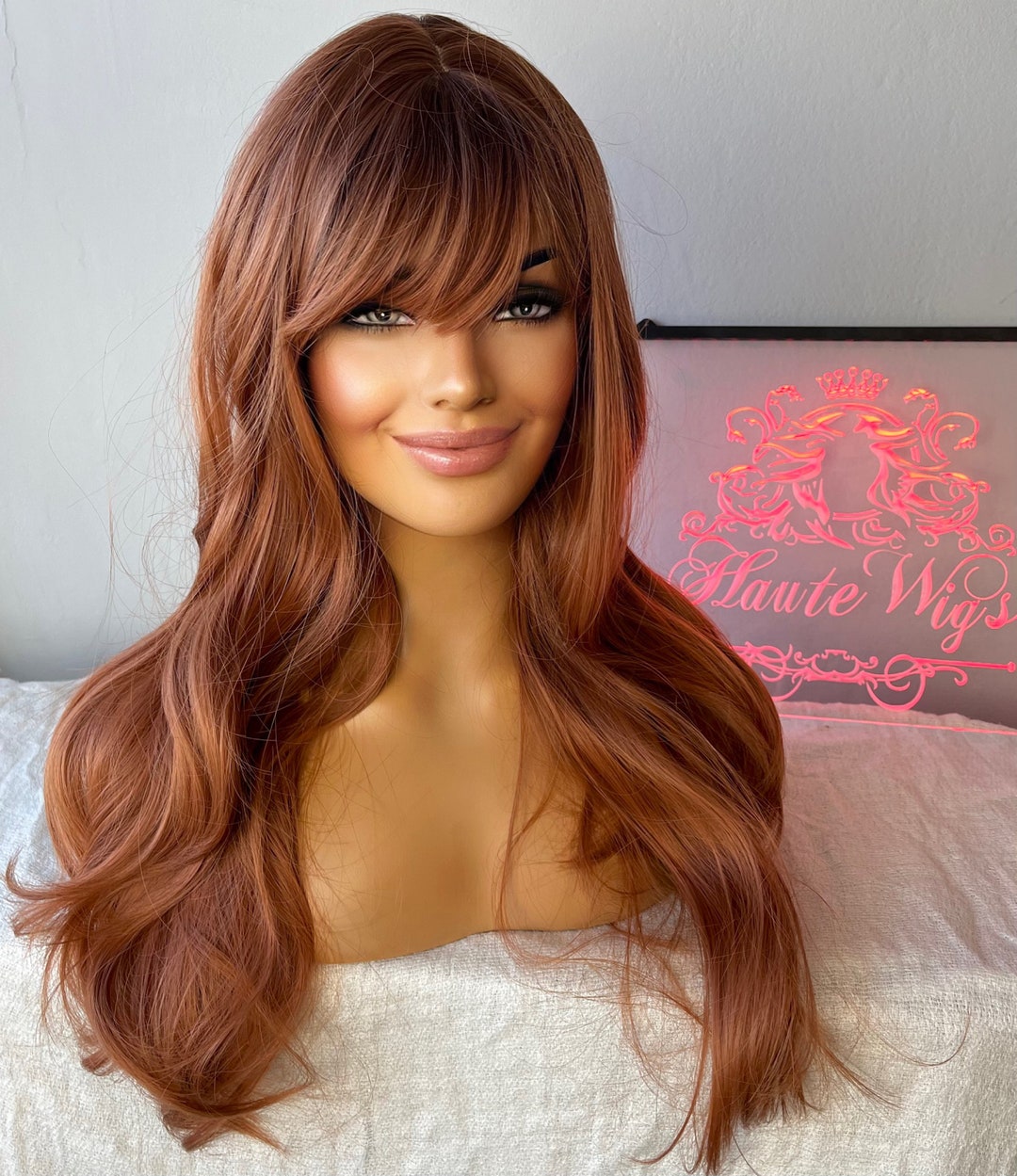 AUBURN Copper Wig With Bangs / Fringe Long Deep Golden Ginger Brown