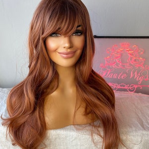 AUBURN Copper Wig With Bangs / Fringe Long Deep Golden Ginger Brown Layered Silky Wavy Curly Ladies Womens Wigs No Lace Front