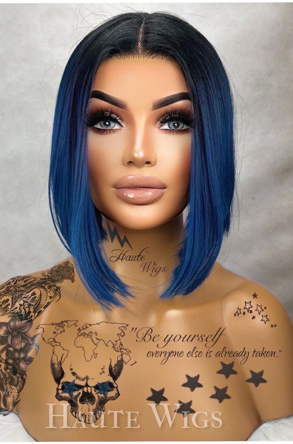 Midnight Blue Ombre Bob Wig: 12 Inch Lace Front Human Hair 