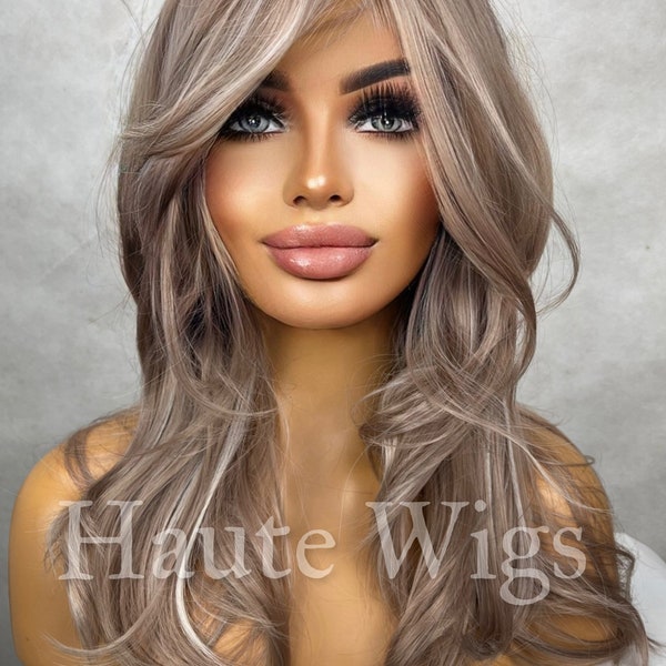 Beau- Platinum Ash Blonde 14" Bob Wig White Silver Tones layered Classy No Lace Front with bangs fringe Womens gift for her Short haute wigs