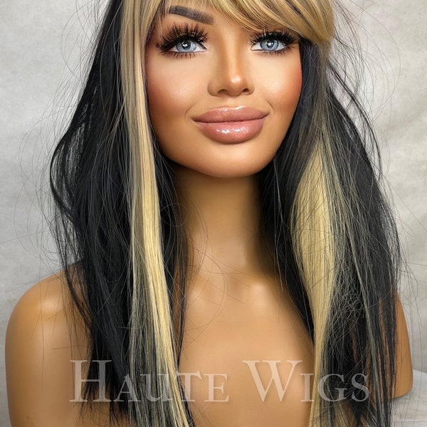 Hot mess - 20 Inch Long Womens Wig Black Brown | Golden Blonde Highlights Streaks Money Piece bangs fringe straight haute wigs role play