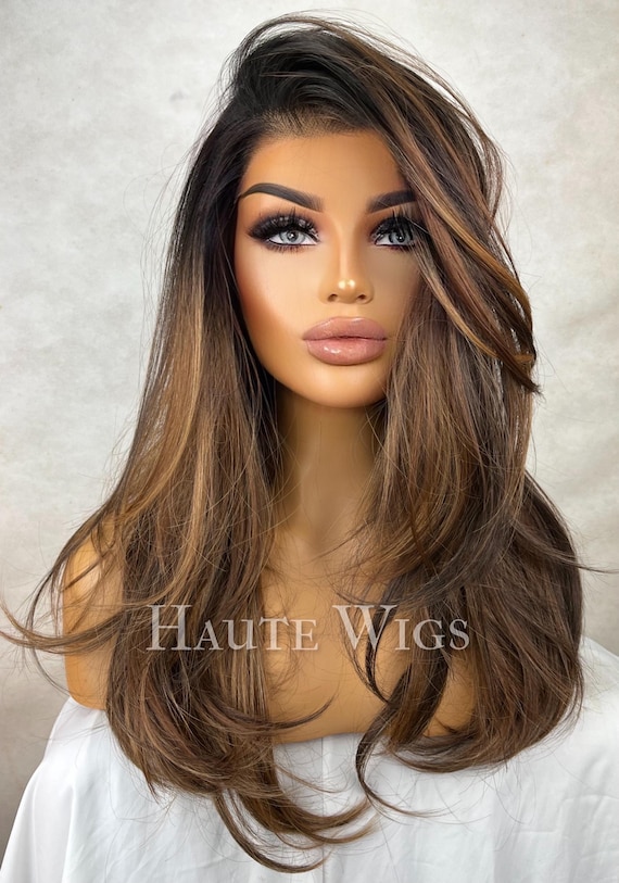 last one Full Lace Wig brown highlights Human hair Blende HD Lace Front Wig Human Hair Blend Highlights Long Straight  main image 4