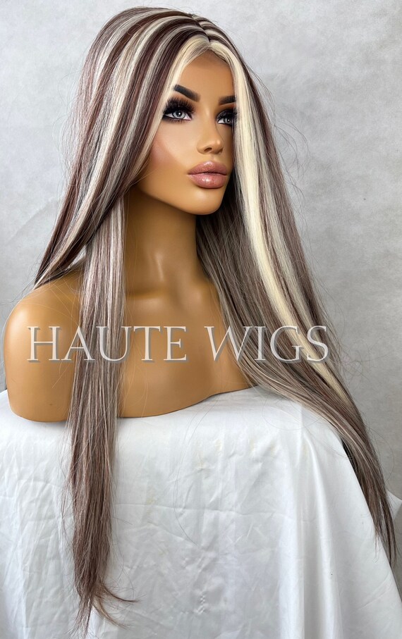 30 Inch Long Brunette Brown Wig W. Blonde White Highlights - Etsy Sweden 30 Inch Long Brunette Brown Wig W. Blonde White Highlights - Etsy Sweden