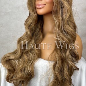 Inspired Wavy Long 36 Inches Pre cut lace Front Wig Deep Golden blonde brown Stunning Human Hair Synthetic Blends Curly Beautiful Density image 2