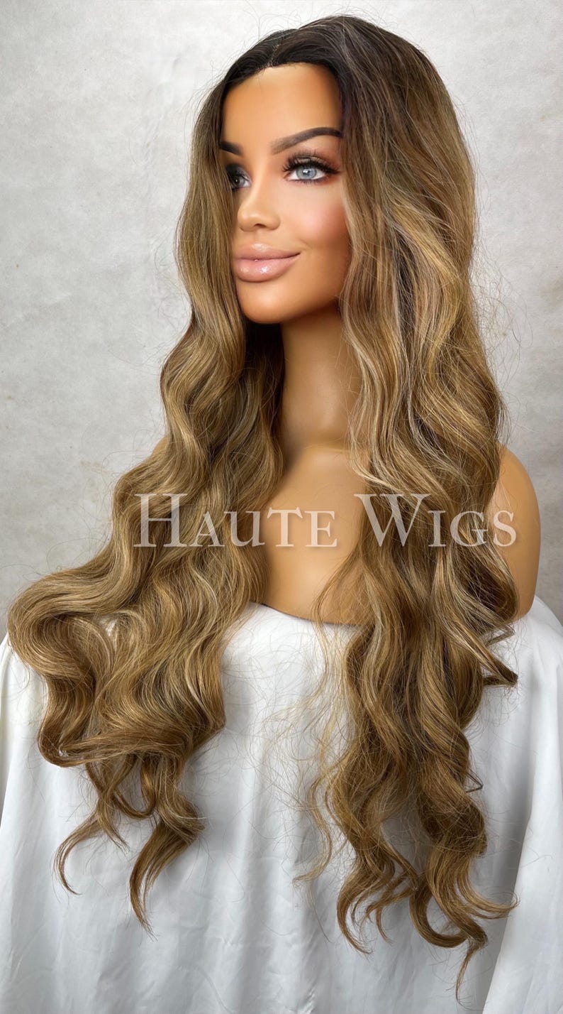 Inspired Wavy Long 36 Inches Pre cut lace Front Wig Deep Golden blonde brown Stunning Human Hair Synthetic Blends Curly Beautiful Density image 2
