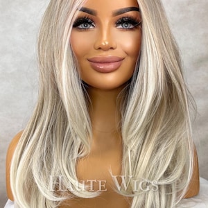 FREE PART Glorious Layered 22 inch Light COOL Tone Ash Blonde Wig No ombré Womens Long Wig Lace Front Realistic Straight Ladies Wig