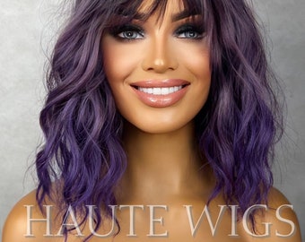 Ombre Lilac Electric Purple Violet Wig W Bangs Fringe Short Pixie BOB Wavy NO Lace Front Wigs Gift For Her Dark Roots Ladies Womens play