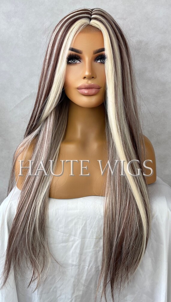 30 Inch Long Brunette Brown Wig W. Blonde White Highlights - Etsy 30 Inch Long Brunette Brown Wig W. Blonde White Highlights - Etsy