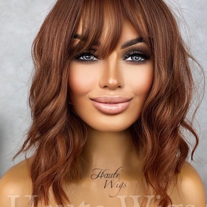 Rusty Copper Ginger 14 Inch Bright Wig RARE Bangs Fringe Wig No Lace Front Long Wavy Curly Wigs Ladies gift for her Haute wigs