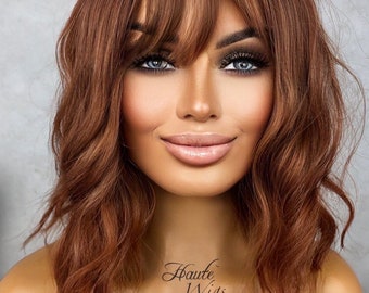 Rusty Copper Wavy Wig with Bangs: 14 Inch Synthetic Hair