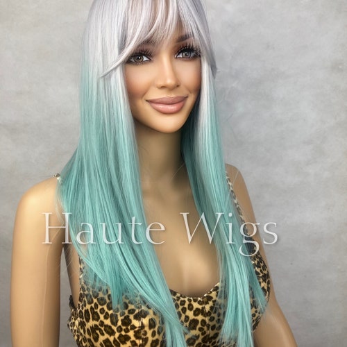 14 Inch Long Bob Platinum Blonde Silver Ombré Pastel Green - Etsy 14 Inch Long Bob Platinum Blonde Silver Ombré Pastel Green - Etsy