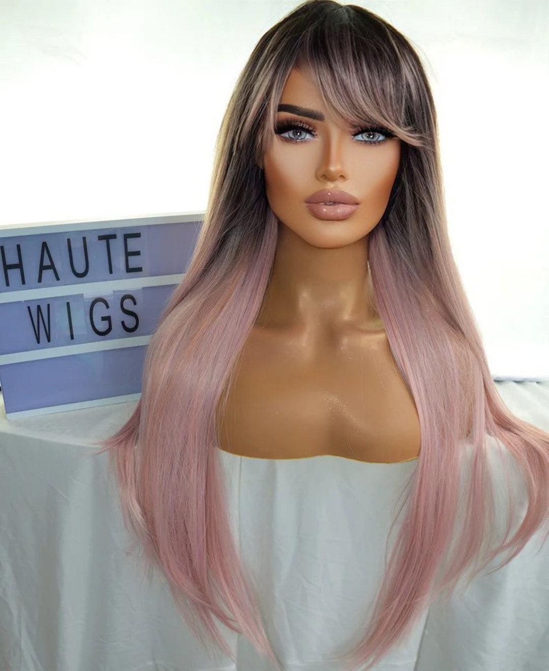 Emily Straight Long Wig Womens Human Hair 26 Inches Ombre Pink Etsy 日本