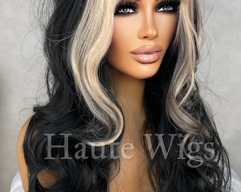 Domineer 24 inch Darkest Black & Blonde Fringe Money Piece Wig Streaks Highlights hair gorgeous Gift Role Play or Everyday Haute wigs