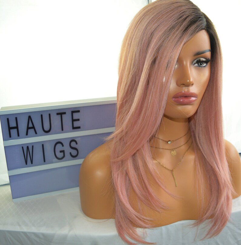 Ombre Light Pink Rose Gold Straight Wig Womens Layered Bangs Etsy