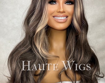 Valencia -  30 Inch Long Womens Wig Dark Brown With Blonde Highlights Streaks Balayage Curly Lace Front Wavy Human Hair Blends Haute Wigs