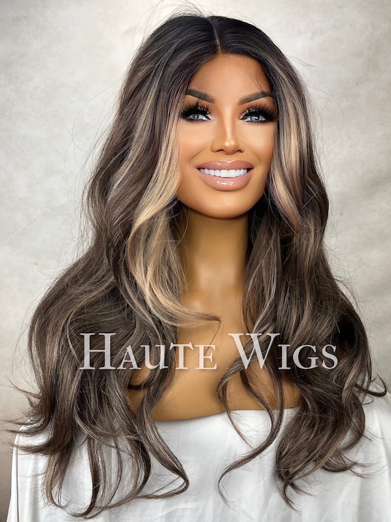 Valencia 30 Inch Long Womens Wig Dark Brown With Blonde Highlights Streaks Balayage Curly Lace Front Wavy Human Hair Blends Haute Wigs Etsy