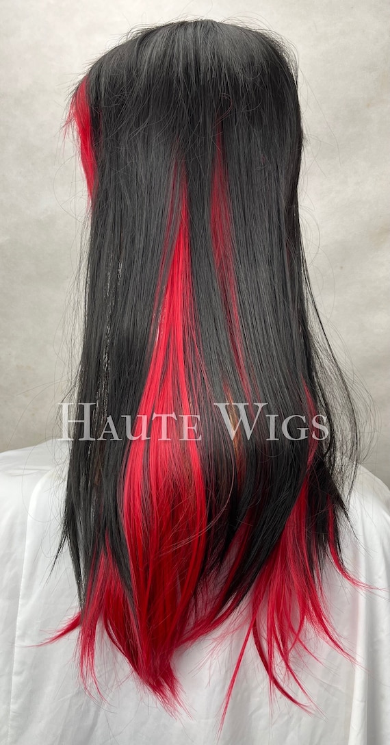 Radar 26 Inch Black & Bright Red Highlights Streaks Wig Long