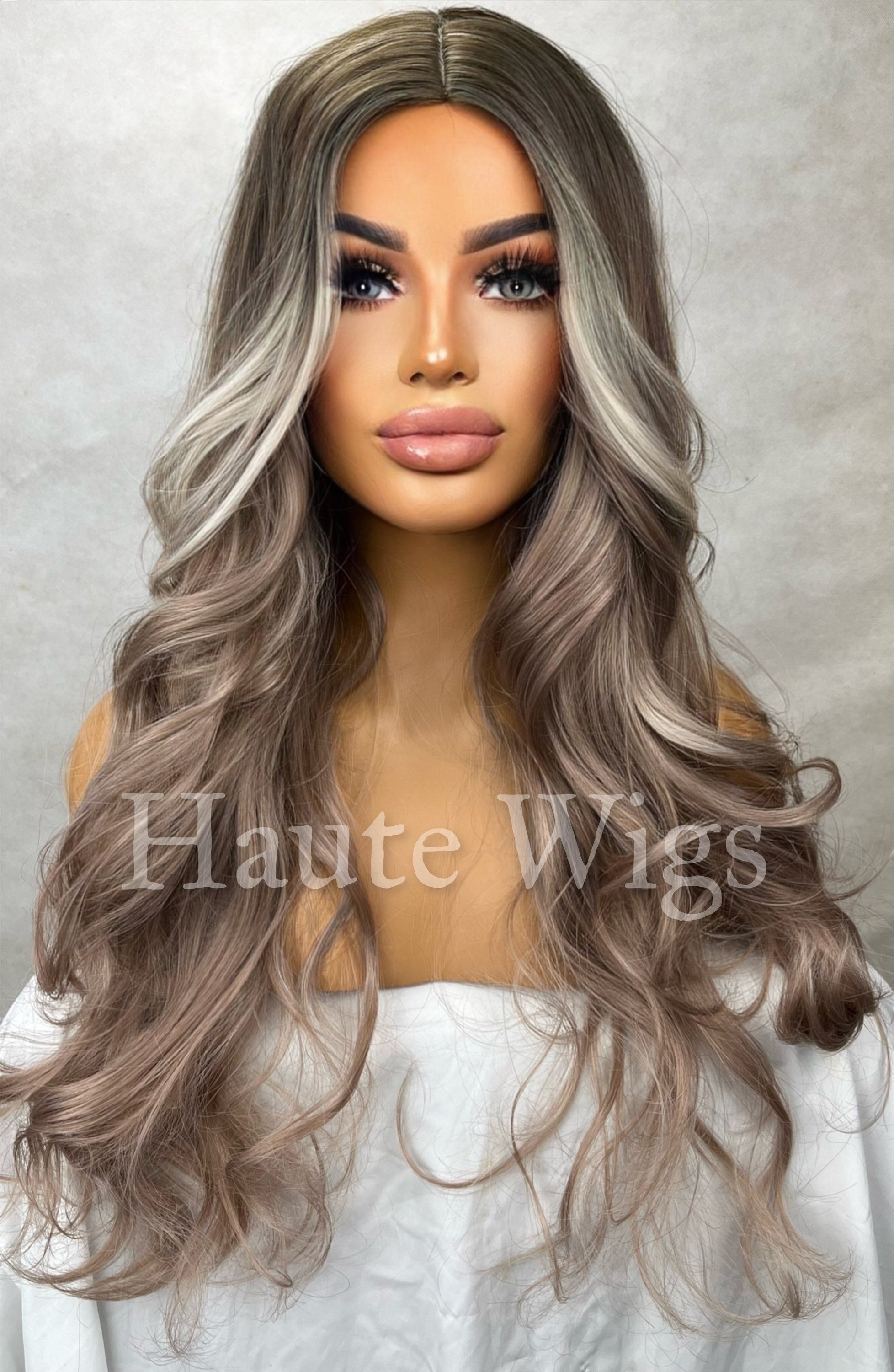 Metallic Ash Silver Brown Blonde Highlights White Balayage streaks 24 Inch Long womens Wig Straight NO Lace Front Gift for her