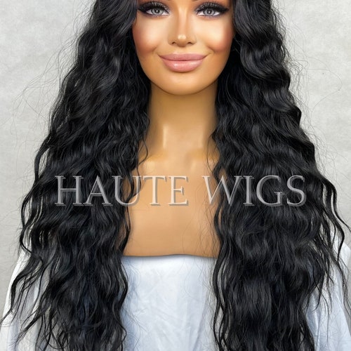 28 Inch Jet Black Water Wave Wig: Lace Front Human Hair  display picture 1