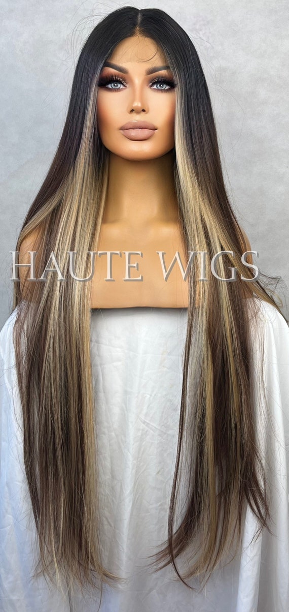Night Out 90s Inspired Money Piece Brunette Brown Wig Blonde Highlights Hair Lace Front Straight Blonde Streaks Human Hair Blends Etsy Canada