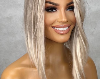 Californian Girl - Ash Blonde White Balayage Highlights BOB streaks 14 inch Wig Straight Center Parting Low Density Lace Front Haute wigs