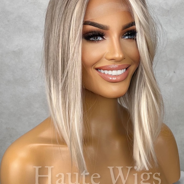 Californian Girl - Ash Blonde White Balayage Highlights BOB streaks 14 inch Wig Straight Center Parting Low Density Lace Front Haute wigs