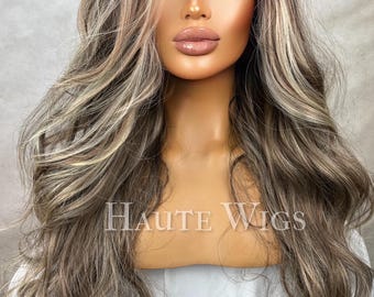 26" Brunette Wig: Blonde Highlights, Lace Front, Human Hair Blend