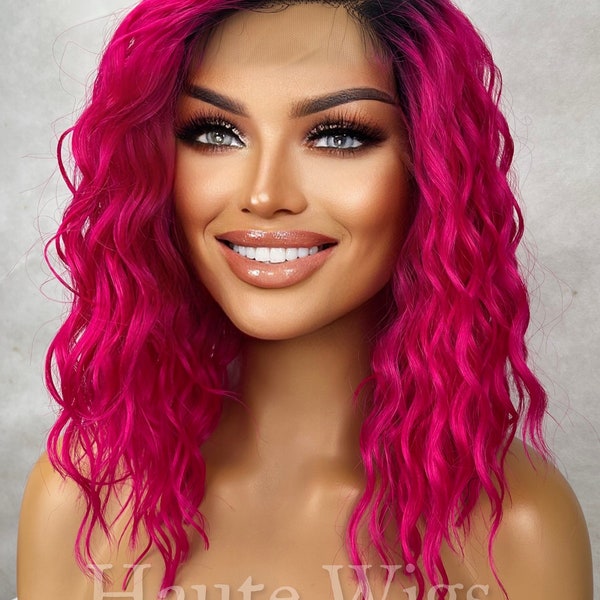 Brightest Neon Pink - 14" Bob Wig Wavy Human Hair ombre Deep Side Parting HD Lace Front Womens wig Short dark roots gift ideas for her haute