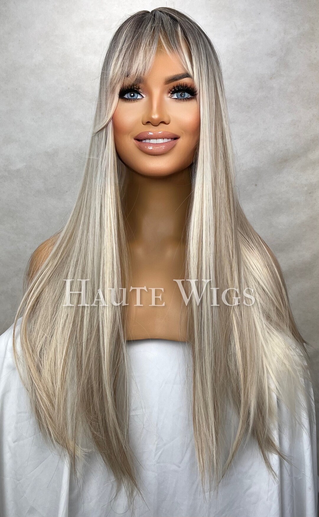 Crystal Blonde With Dark Brown Roots Balayage Highlights 28 Inch Wig