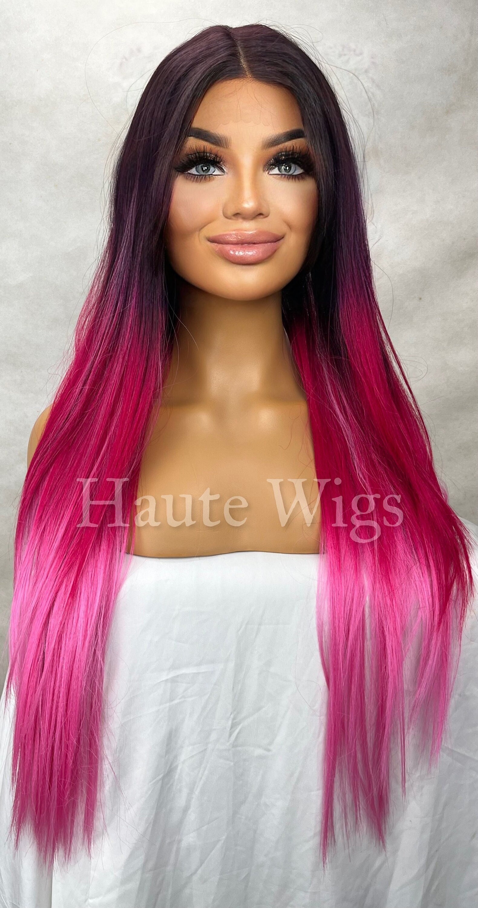 20 Inch Ombre Fuchsia Pink Wig: Human Hair Blend Lace Front 