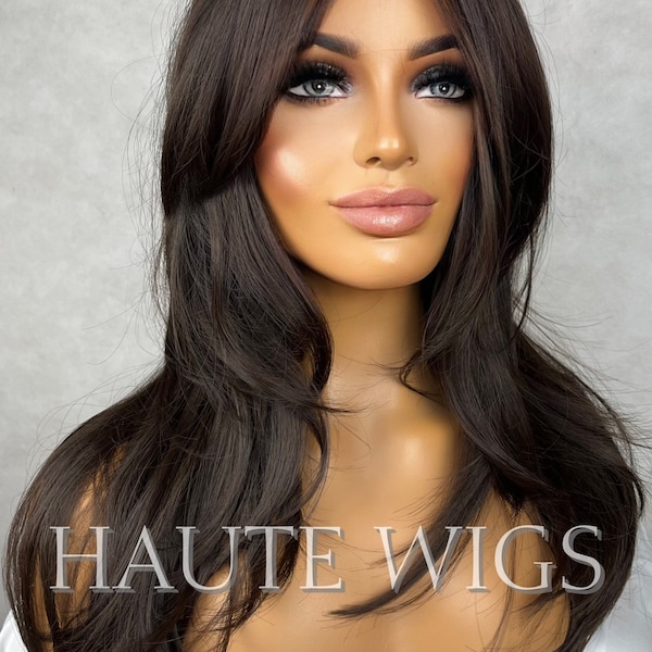 1996 - 90s Inspired Layered Hair Wig Dark warm Brown With Bangs / Fringe Straight No Lace Front Synthetic Wavy Hair Wigs Gift her