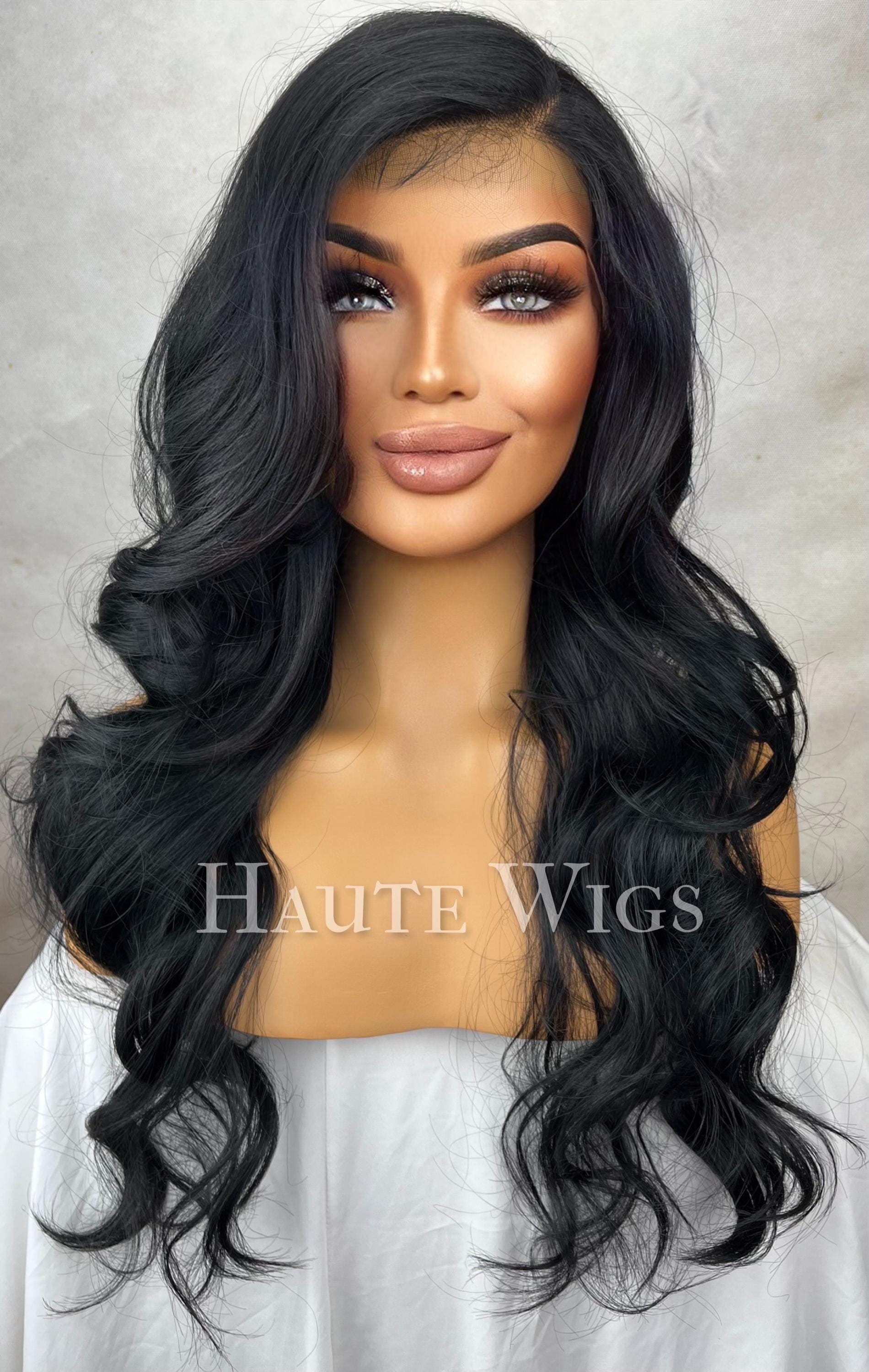 24 Inch Black Wavy Wig: Layered Human Hair Lace Front Wig - Etsy display picture 1