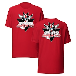 May include: Red t-shirts with a graphic design. The design features the word "ZBots" in a stylized font, with a robot-like illustration above it, set against a black triangle. The design is on the front and back of the shirts.