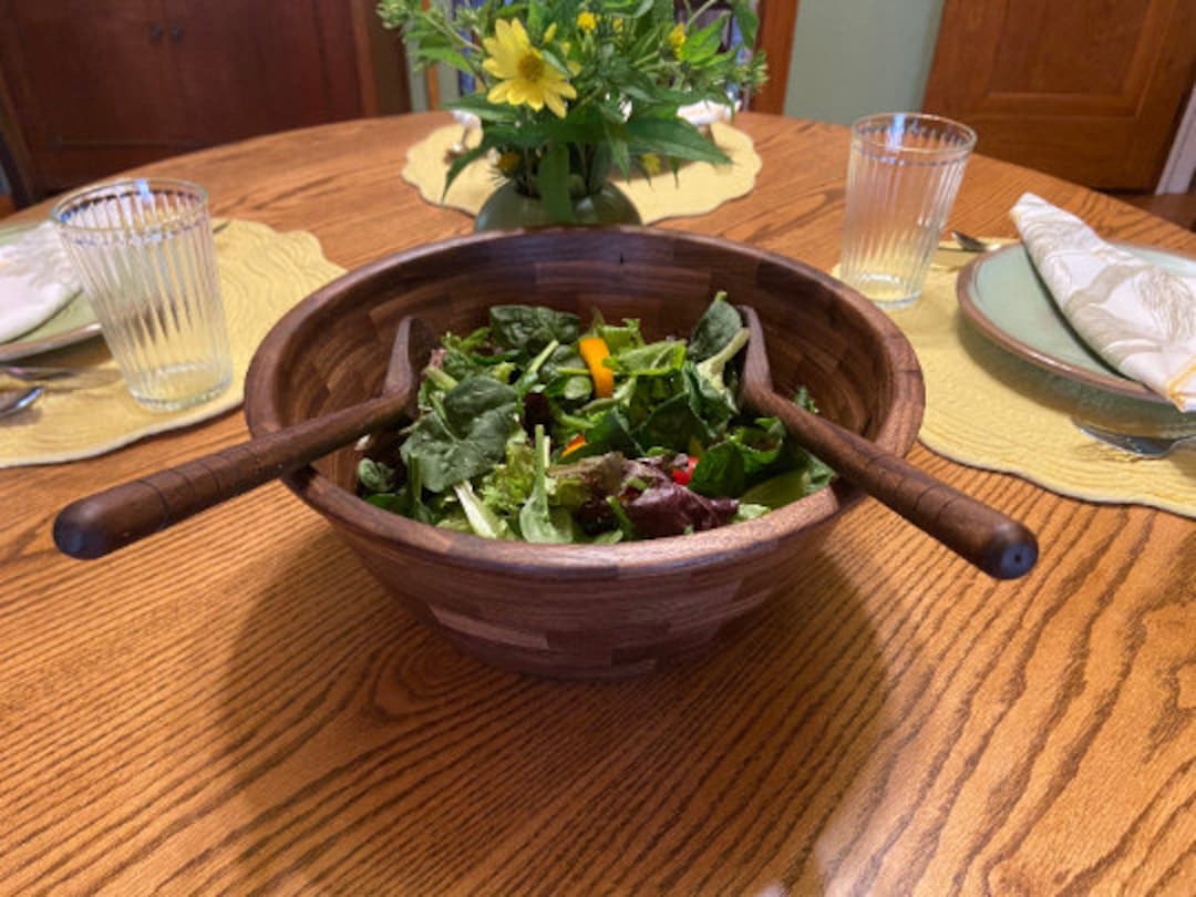 Walnut Salad Bowl and Servers Etsy