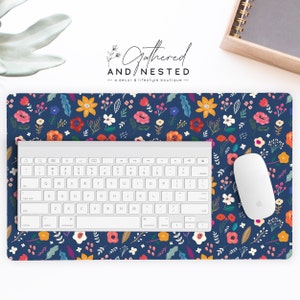 Desk Mat - Bold Florals On Blue Background - Stylish Decor For Your Office Or Work Area - Two Sizes Available In 14"X24" & 18"X36"