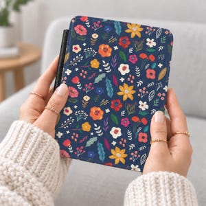 Colorful Florals on Dark Blue 7-Inch Kindle Case with Handstrap | For Paperwhite 7" & Colorsoft Signature 7" 2024-2025 Models Only
