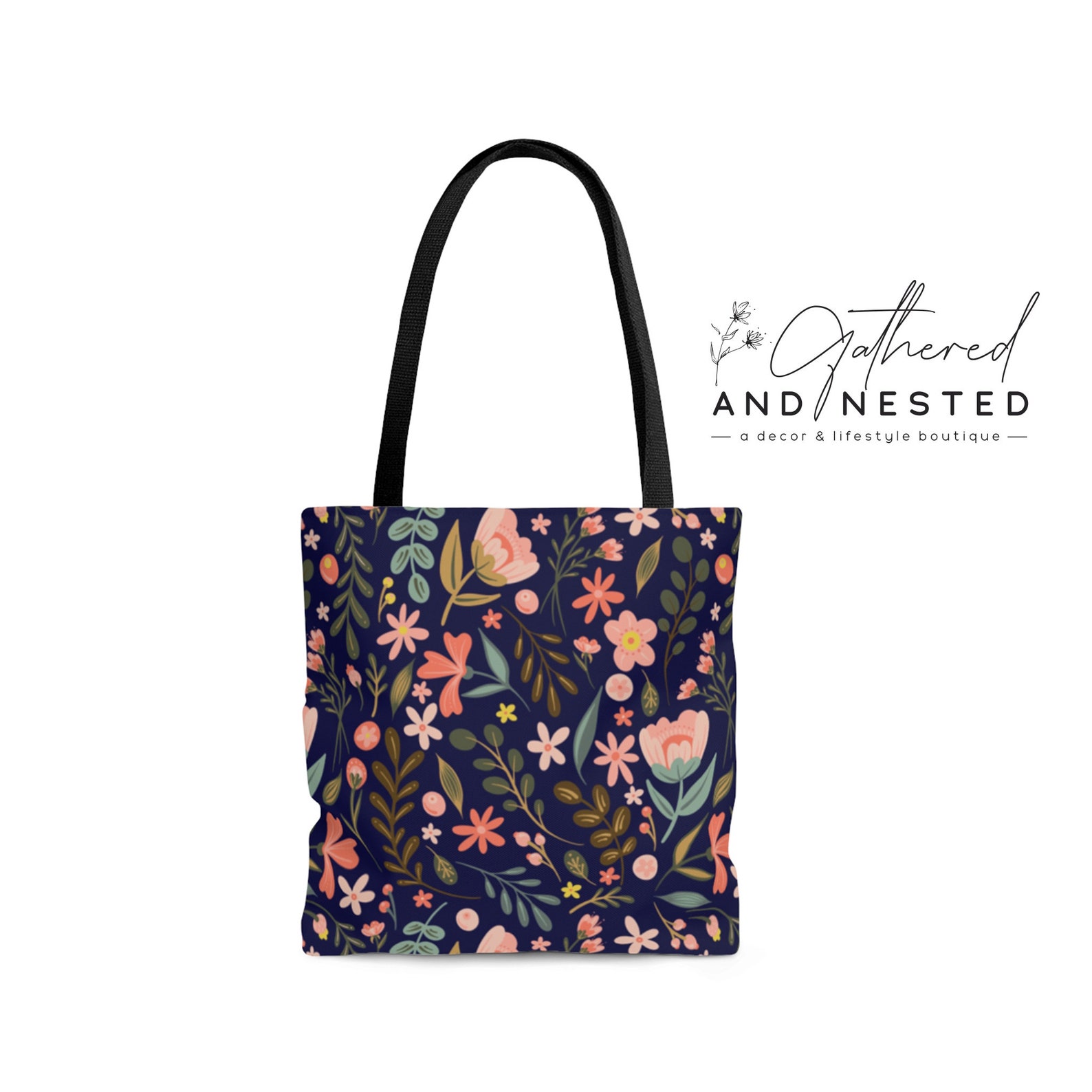 Tote Bag Pretty Floral Print on Navy Blue TWO SIZES Etsy