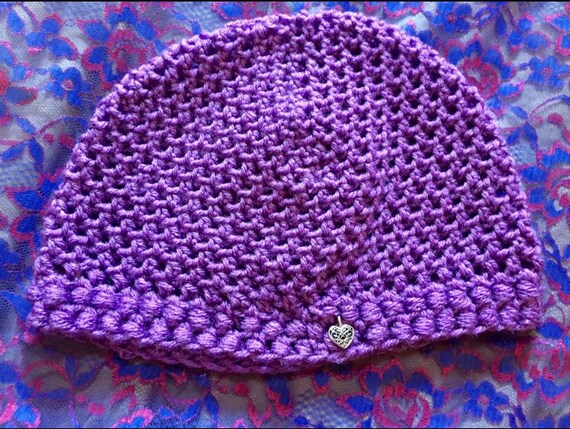 Hand Knit Purple Nylon-Acrylic Yarn AdultTeen Hat